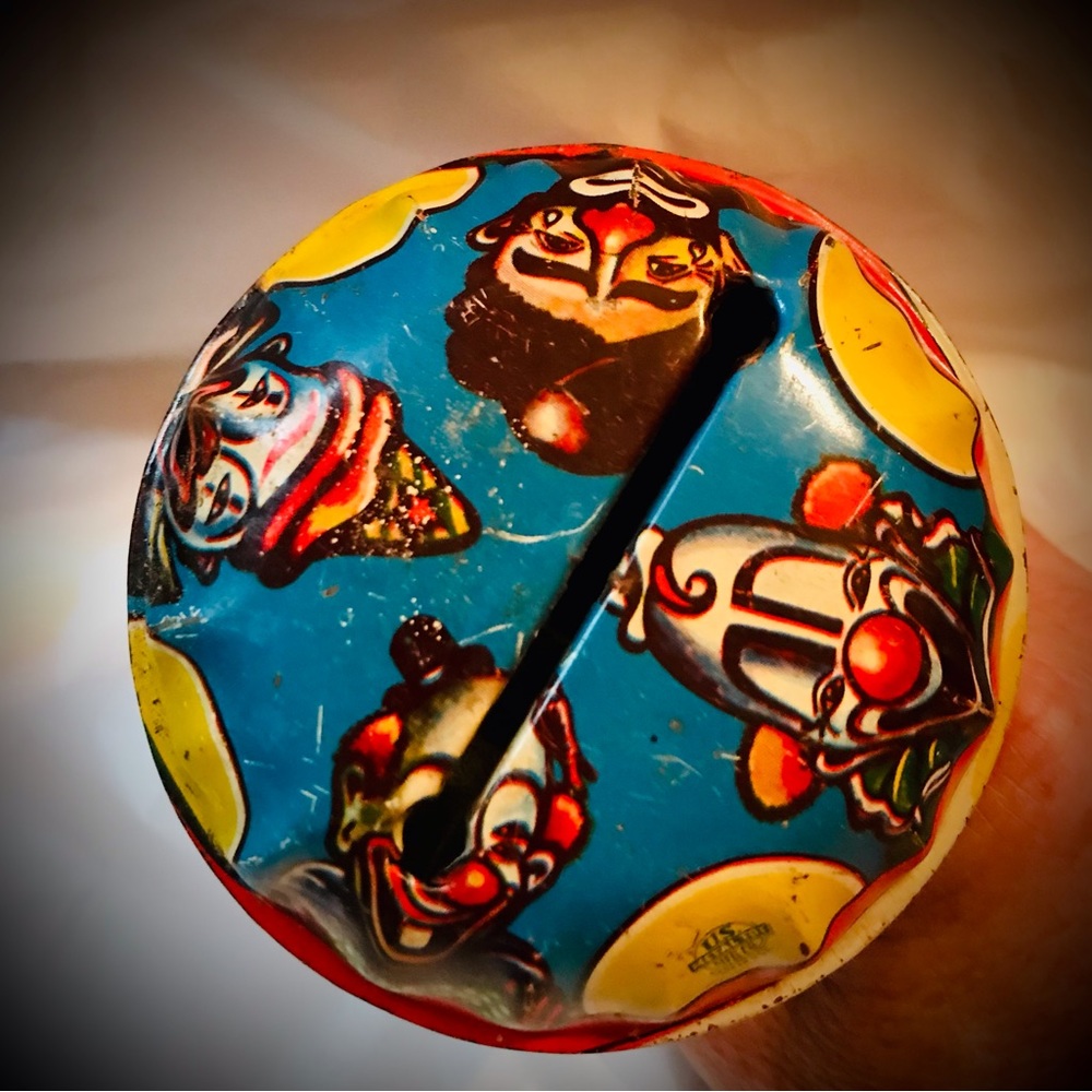 Vintage Sad Clown  Tin Noise Maker US Metal Toy MFG Co.